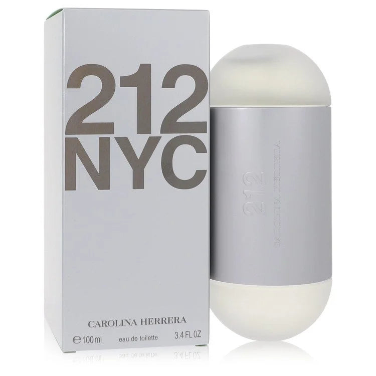 Bottle of Carolina Herrera 212 NYC for Her Eau de Toilette with sleek metallic design and a New York cityscape background 100ml