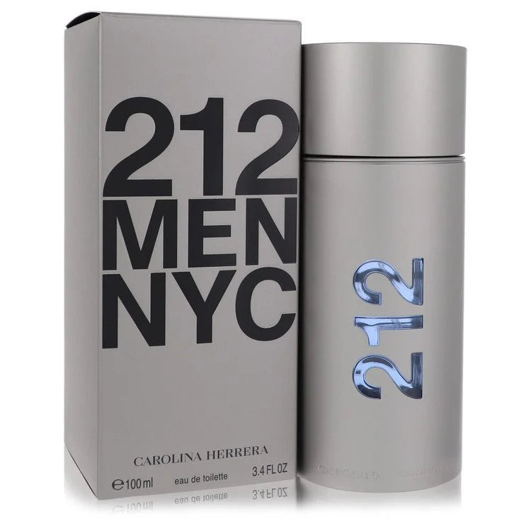 Bottle of Carolina Herrera 212 NYC for Him Eau de Toilette with sleek silver packaging and New York cityscape in the background 100ml