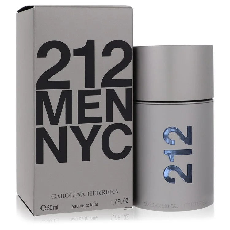 Bottle of Carolina Herrera 212 NYC for Him Eau de Toilette with sleek silver packaging and New York cityscape in the background 50ml