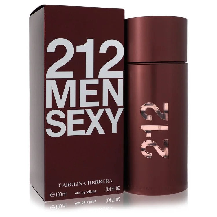 Bottle of Carolina Herrera 212 Sexy for Him Eau de Toilette with sleek dark design and nighttime city background 100ml