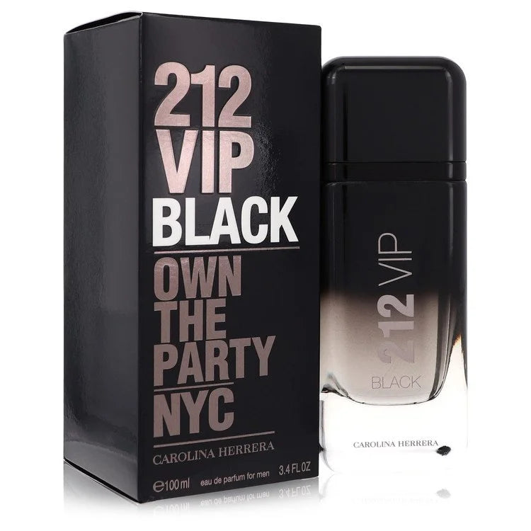 Bottle of Carolina Herrera 212 VIP Black Eau de Parfum with matte black finish and a seductive, nighttime city backdrop 100ml