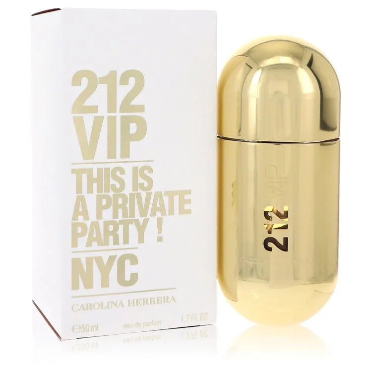 Bottle of Carolina Herrera 212 VIP Eau de Parfum for Women with sleek gold packaging and a glamorous party-themed backdrop 50ml
