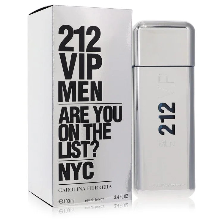 Bottle of Carolina Herrera 212 VIP for Men Eau de Toilette with metallic gold finish and NYC nightlife backdrop 100ml