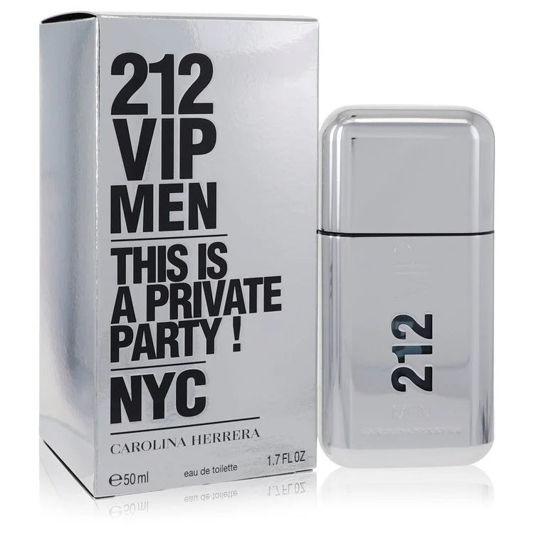 Bottle of Carolina Herrera 212 VIP for Men Eau de Toilette with metallic gold finish and NYC nightlife backdrop 50ml