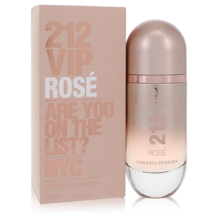 Bottle of Carolina Herrera 212 VIP Rosé Eau de Parfum in sleek rose gold design with sparkling champagne and floral elements 80ml