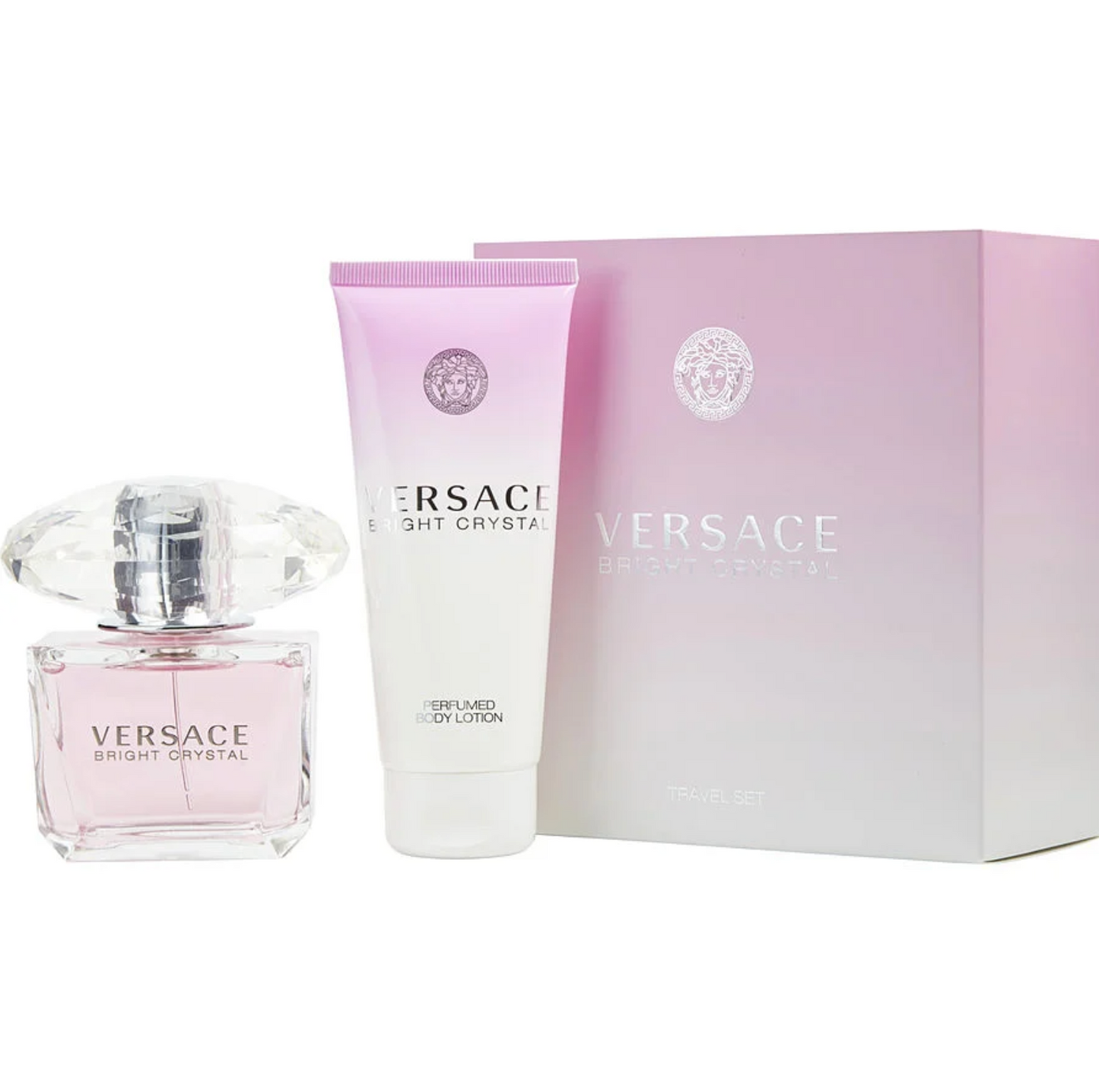 Versace Bright Crystal Gift Set – 90ml Eau de Toilette and 100ml Body Lotion in elegant pink and crystal-inspired packaging.