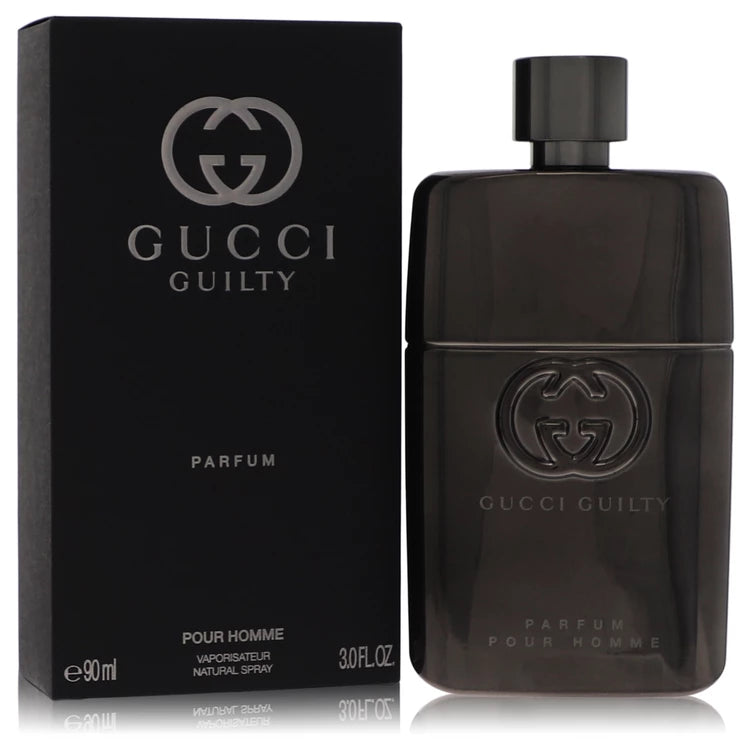 Gucci Guilty Parfum for men – intense masculine fragrance in deep matte black bottle with gold logo. 90ml