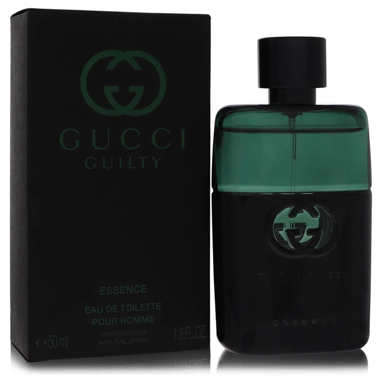 Gucci Guilty Essence for men – refined aromatic cologne in silver metallic bottle with black base. 50ml