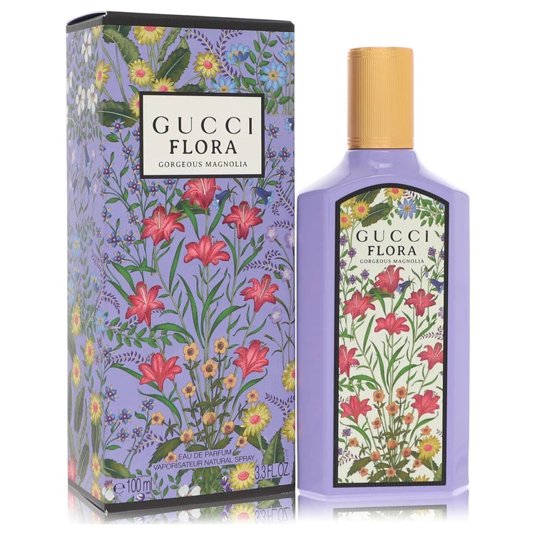 Gucci Flora Gorgeous Magnolia – vibrant fruity floral scent in soft purple bottle with gold cap. 100ml