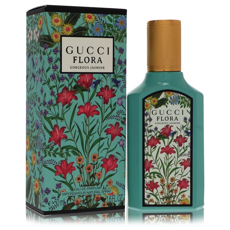 Gucci Flora Gorgeous Jasmine – radiant white floral perfume in pastel green bottle with floral design. 50ml