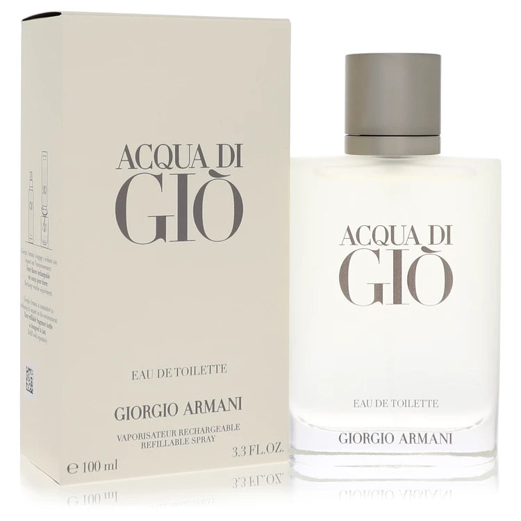 Armani Acqua di Gio – iconic fresh aquatic men’s cologne in frosted glass bottle. 100ml refillable