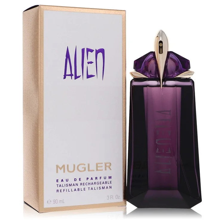Mugler Alien – mystical jasmine and amber fragrance in amethyst-inspired purple bottle with gold accents. 100ml