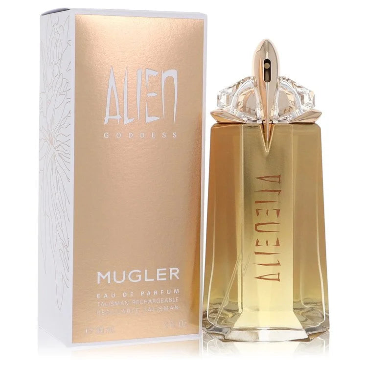Mugler Alien Goddess – radiant coconut and jasmine scent in shimmering gold bottle with futuristic design. 90ml