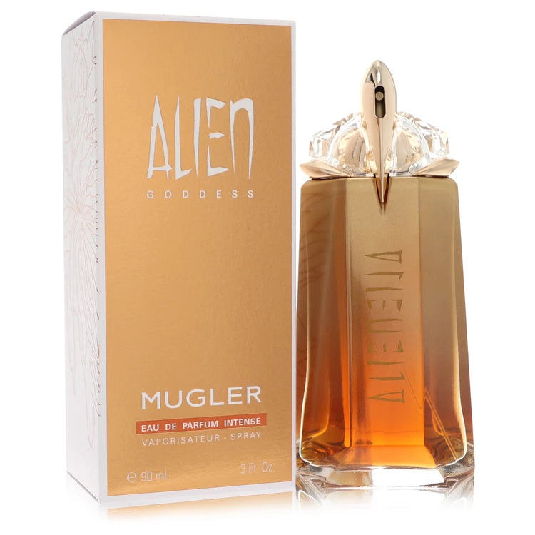 Mugler Alien Goddess Intense – deeper solar floral scent in radiant golden gradient bottle. 90ml