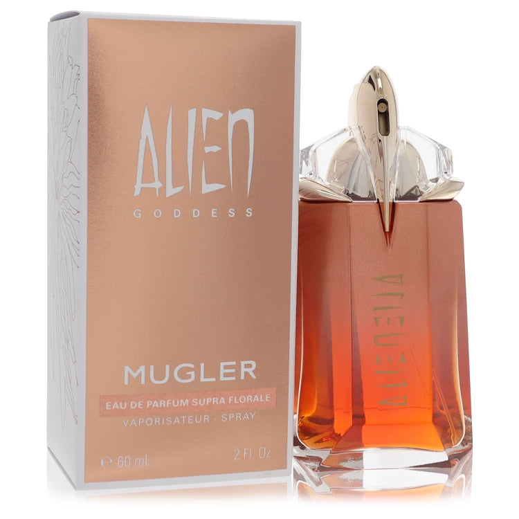 Mugler Alien Goddess Supra Florale – bold blooming floral fragrance in metallic pink and gold sculpted bottle. 60ml