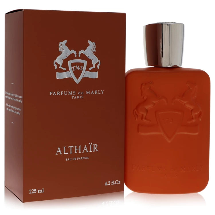 Parfums de Marly Althaïr Eau de Parfum luxury men's fragrance in an elegant orange bottle with silver cap, featuring Bourbon vanilla, cinnamon, orange blossom and praline. 125ml