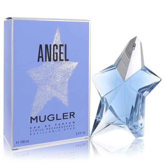 Mugler Angel – iconic sweet patchouli and praline fragrance in star-shaped blue glass bottle. 100ml Refillable