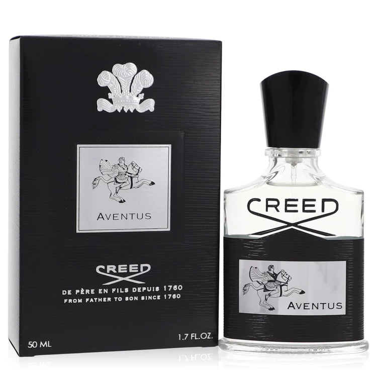 Creed Aventus – iconic fruity smoky men’s fragrance in black and clear bottle with silver crest. 50ml