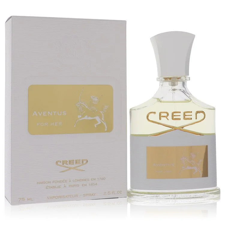 Creed Aventus for Her – bold fruity floral women’s fragrance in clear bottle with silver and white accents. 75ml