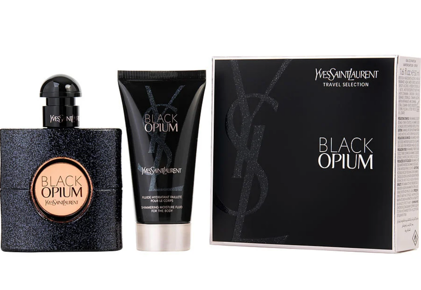 Black Opium by Yves Saint Laurent Gift Set – 50ml Eau de Parfum and 50ml Shimmering Body Lotion in edgy black and pink packaging.