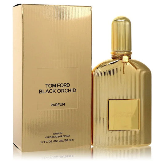 Tom Ford Black Orchid Parfum Pure Perfume luxury unisex fragrance in an elegant metallic gold fluted bottle, featuring black truffle, ylang-ylang, black orchid, rum and patchouli. 50ml