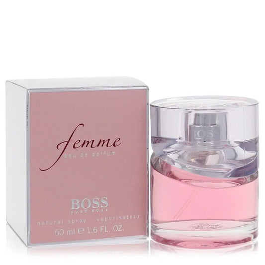 Hugo Boss Femme – soft floral fruity fragrance in curved clear bottle with frosted cap. 50ml