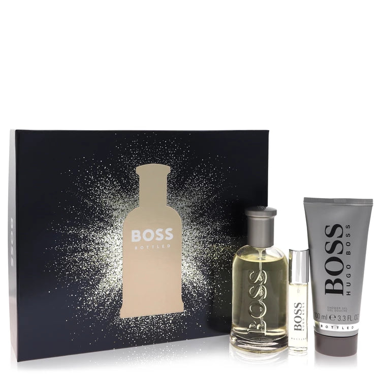 Hugo Boss No. 6 Gift Set – 100ml Eau de Toilette, 9ml mini spray, and 100ml Shower Gel in sleek masculine packaging.
