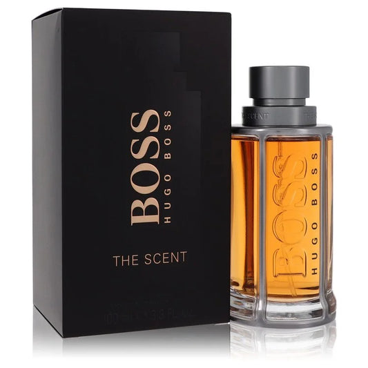Hugo Boss The Scent – seductive spicy leather fragrance in amber glass bottle with metallic accents. 100ml