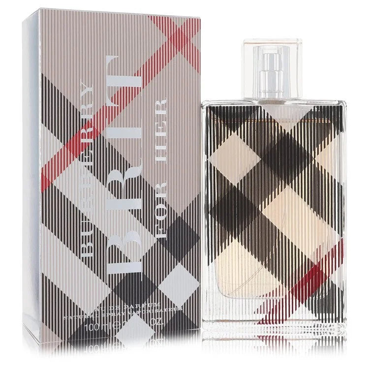 Burberry Brit Eau de Parfum – warm vanilla and almond floral scent in checkered glass bottle. 100ml