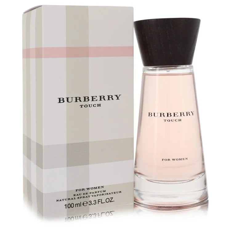 Burberry Touch for Her – soft floral musk scent in tapered clear bottle with wooden cap. 100ml
