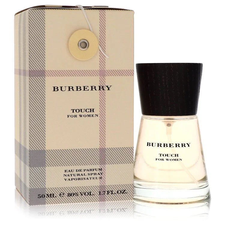 Burberry Touch for Her – soft floral musk scent in tapered clear bottle with wooden cap. 50ml