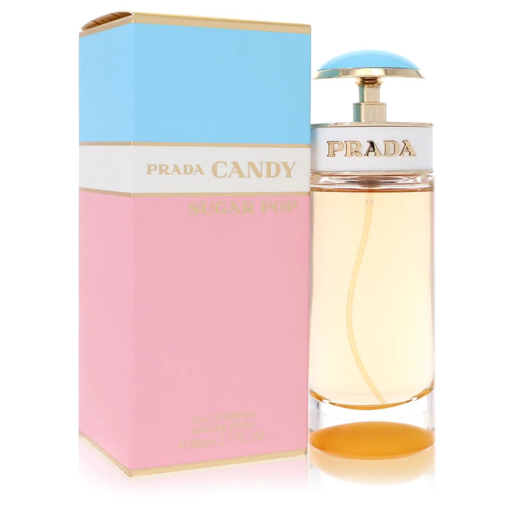 Prada Candy Sugar Pop – playful sweet floral perfume in pastel pink and blue bottle with gold cap. 80ml