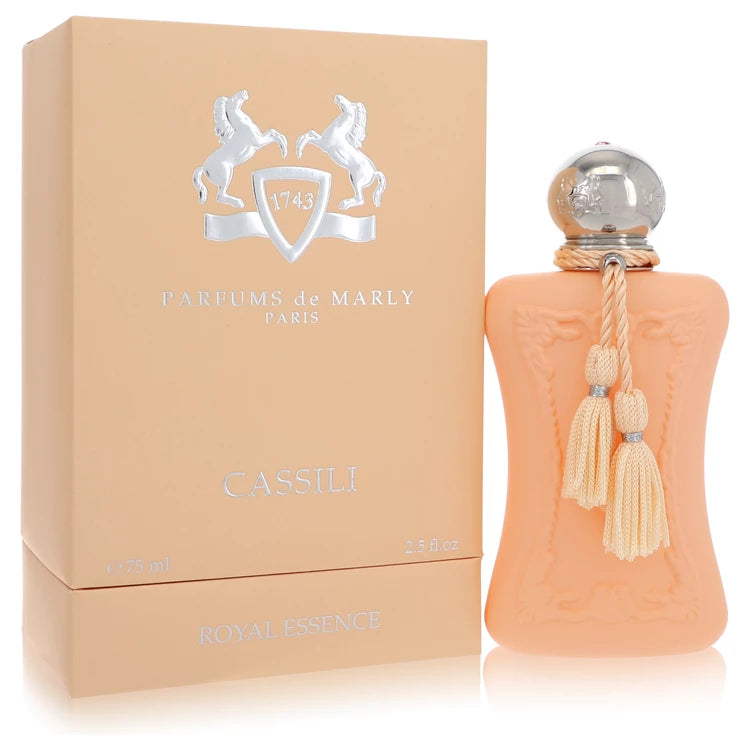 Parfums de Marly Cassili – creamy peach floral fragrance in soft coral pink bottle with silver accents. 75ml