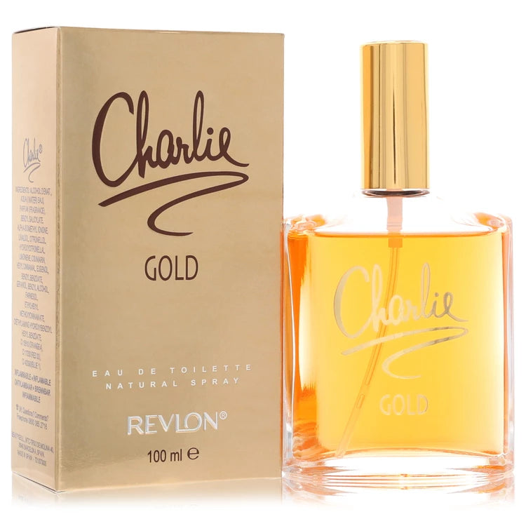 Revlon Charlie Gold perfume bottle and packaging on a white background 100ml