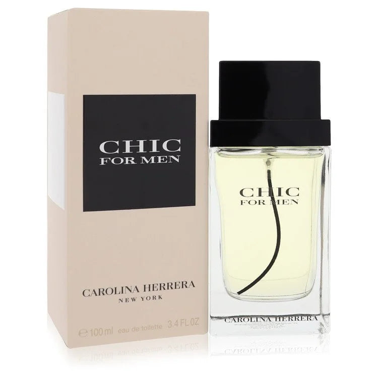 Bottle of Carolina Herrera Chic for Men Eau de Toilette with sleek, minimalist design and modern city-inspired backdrop 100ml
