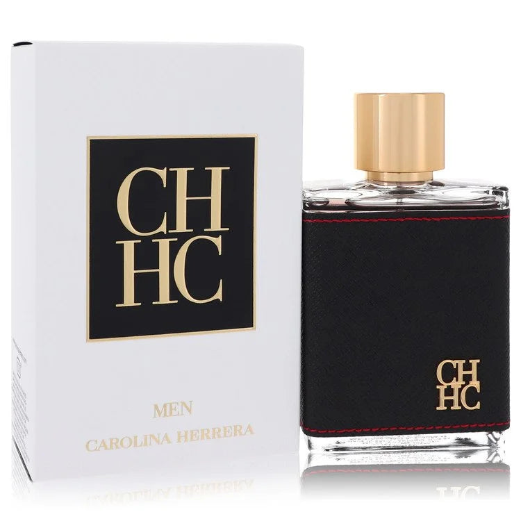 Bottle of Carolina Herrera CH for Men Eau de Toilette with brown leather-wrapped detail and a warm, elegant backdrop 100ml