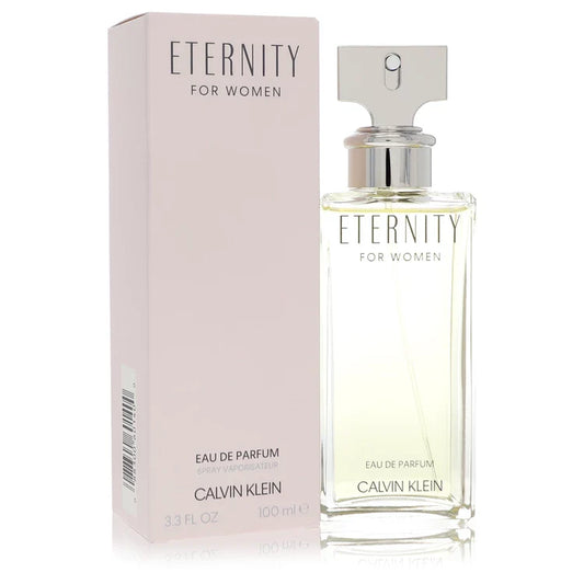 Calvin Klein Eternity for Women – timeless floral perfume in tall clear bottle with silver cap. 100ml