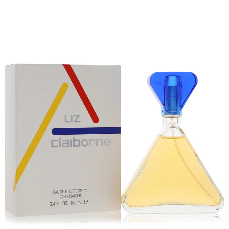Perfume bottle with blue cap and yellow label next to its packaging on a white background 100ml