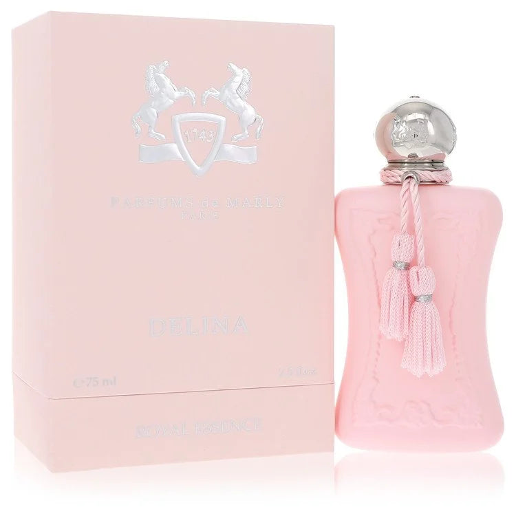 Parfums de Marly Delina – elegant rose and lychee perfume in soft pink matte bottle with silver tassel. 75ml