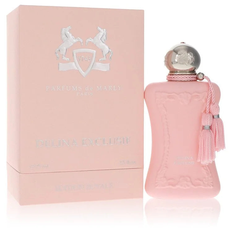 Parfums de Marly Delina Exclusif – luxurious floral amber scent in blush pink matte bottle with silver detailing. 75ml