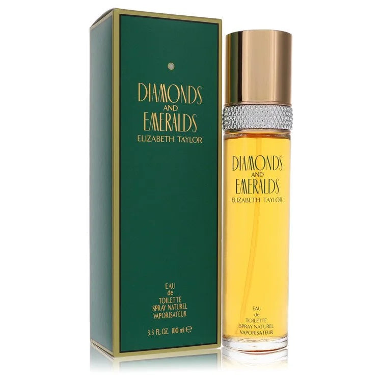 Elizabeth Taylor Diamonds and Emeralds perfume bottle and packaging on a white background 100ml