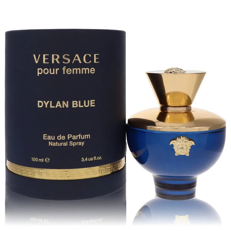 Versace Dylan Blue Pour Femme – rich floral fruity fragrance in navy blue amphora-shaped bottle with gold detailing. 100ml