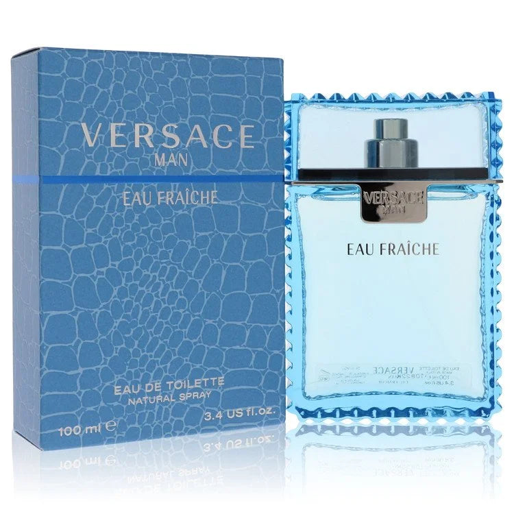 Versace Man Eau Fraîche – crisp aquatic woody fragrance in icy blue glass bottle with textured edge. 100ml