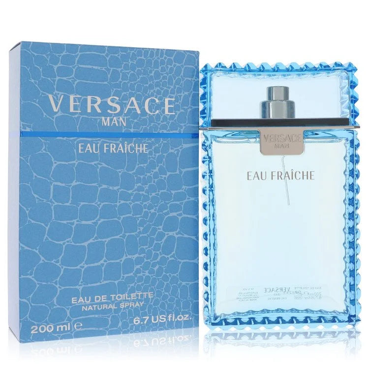 Versace Man Eau Fraîche – crisp aquatic woody fragrance in icy blue glass bottle with textured edge. 200ml