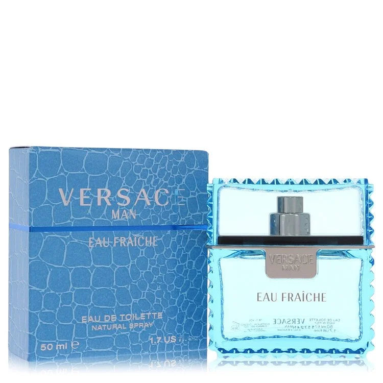 Versace Man Eau Fraîche – crisp aquatic woody fragrance in icy blue glass bottle with textured edge. 50ml