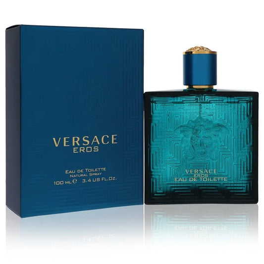 Versace Eros Eau de Toilette – bold minty woody cologne in vibrant turquoise bottle with Medusa emblem. 100ml