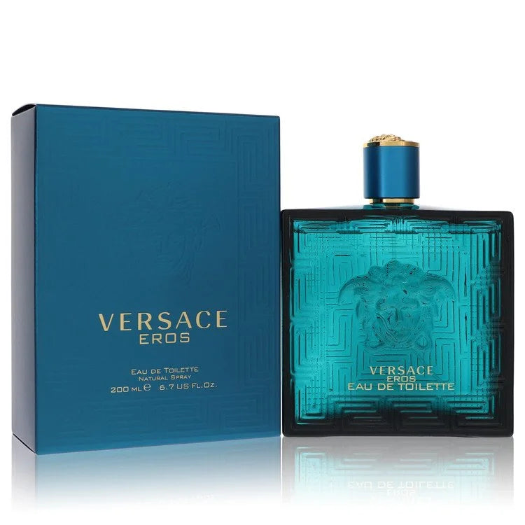 Versace Eros Eau de Toilette – bold minty woody cologne in vibrant turquoise bottle with Medusa emblem. 200ml