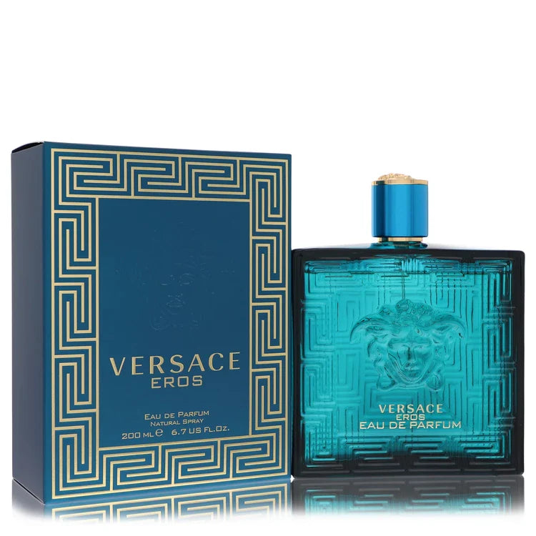 Versace Eros Eau de Parfum – intense fresh amber scent in deep turquoise bottle with gold detailing 200ml