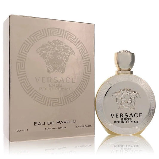 Versace Eros Pour Femme – bold citrus floral scent in luxurious gold round bottle with Medusa emblem. 100ml