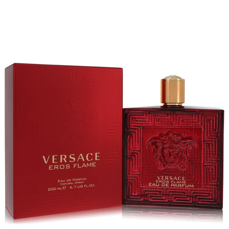 Versace Eros Flame – fiery spicy woody scent in bold red bottle with golden Medusa logo. 200ml